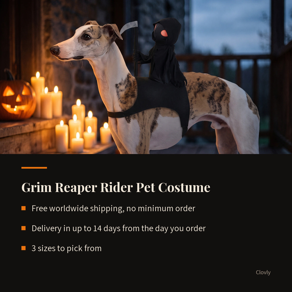What you get, written over the candle-lit scene: free worldwide shipping, delivery in up to 14 days, 3 sizes