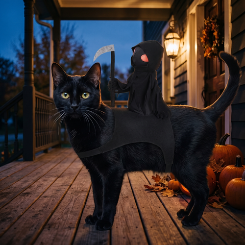 A black short-haired cat in the costume on a porch with pumpkins and a lantern, side view