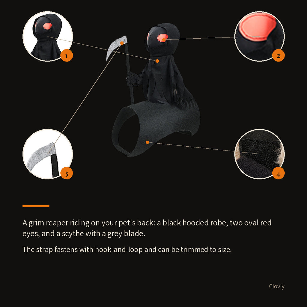 The costume itself without a pet, with four of its details enlarged: the hood, the eyes, the scythe and the strap with its hook-and-loop patch