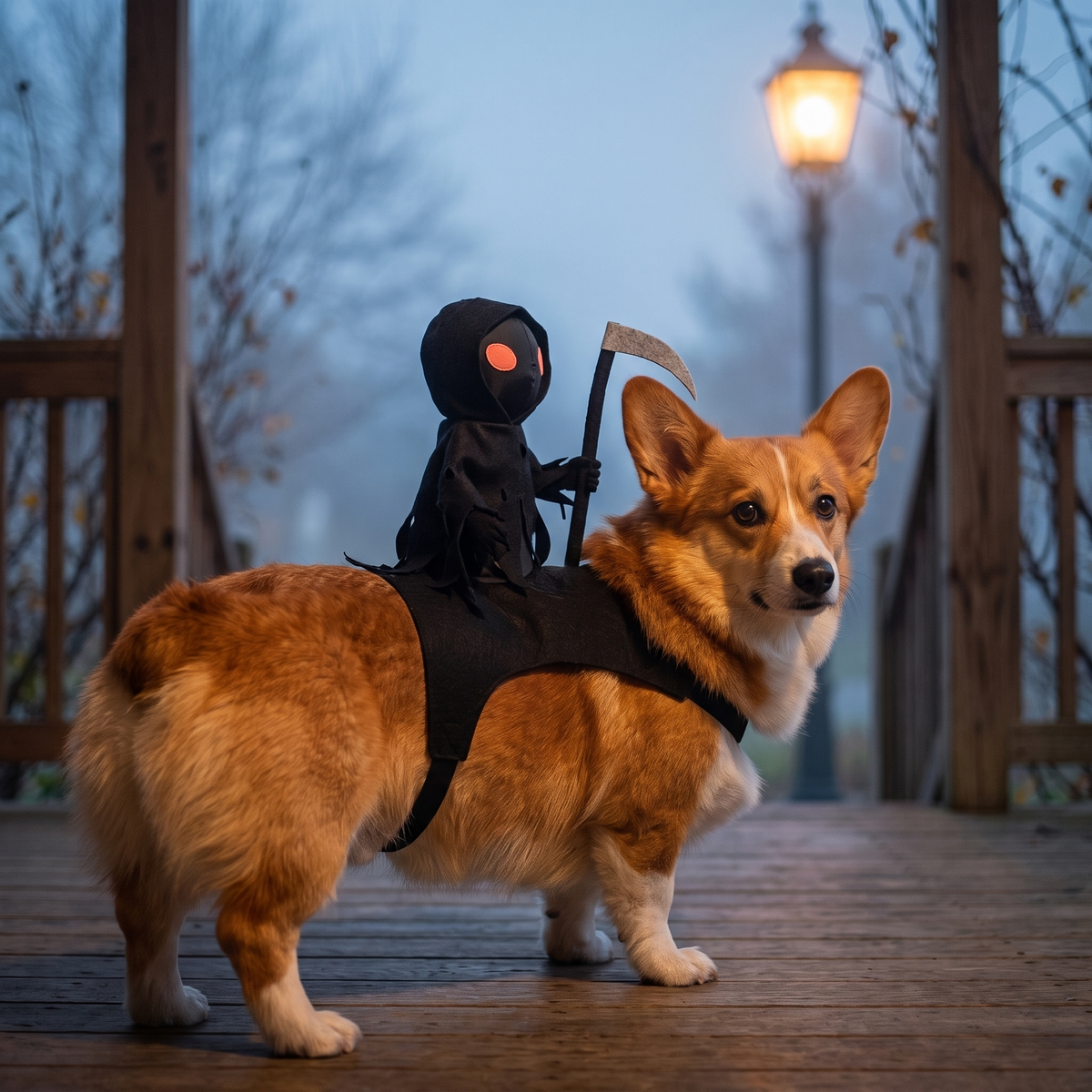 A small dog in the costume on a porch on a misty evening, side view