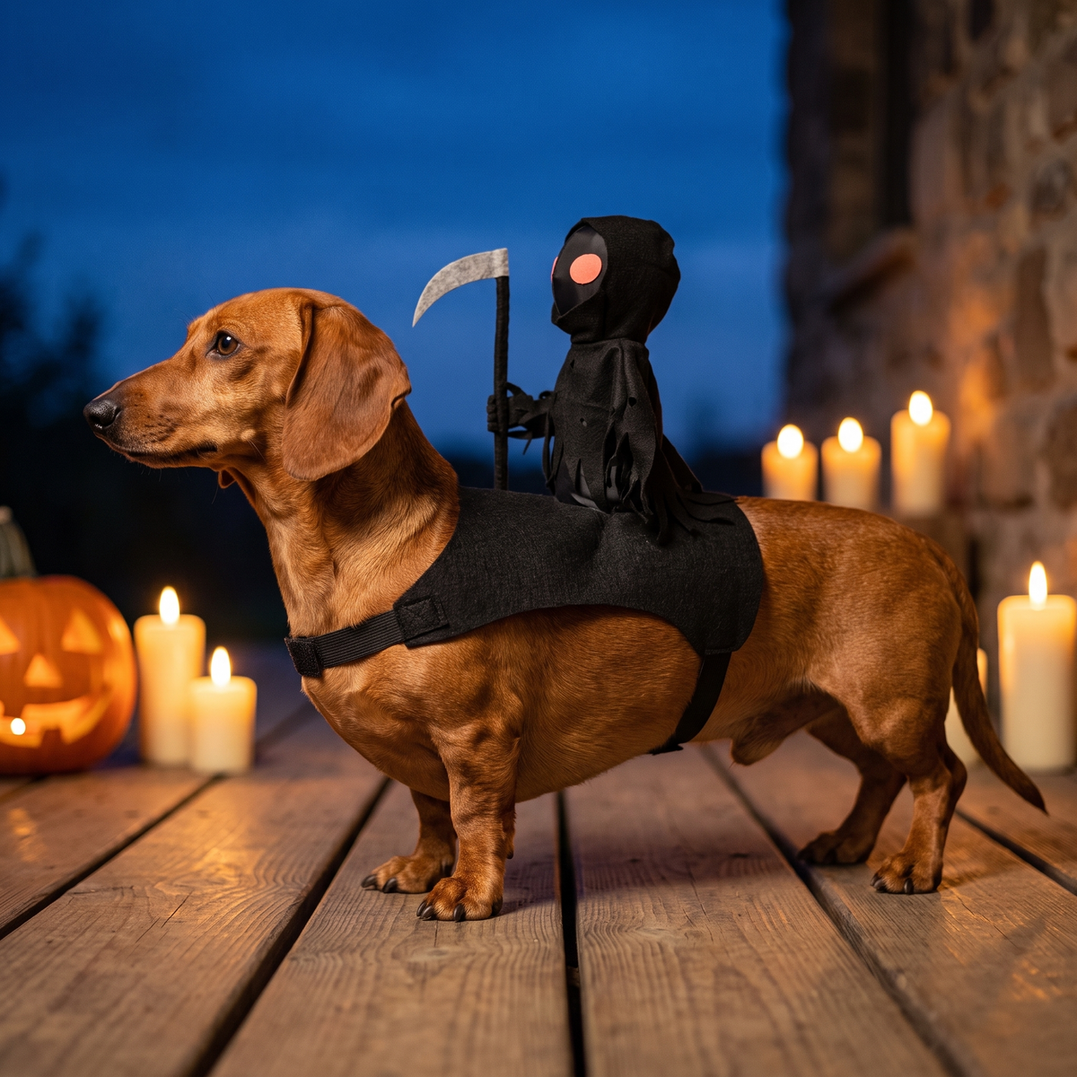 A short-haired dog in the costume on a porch with candles, in profile