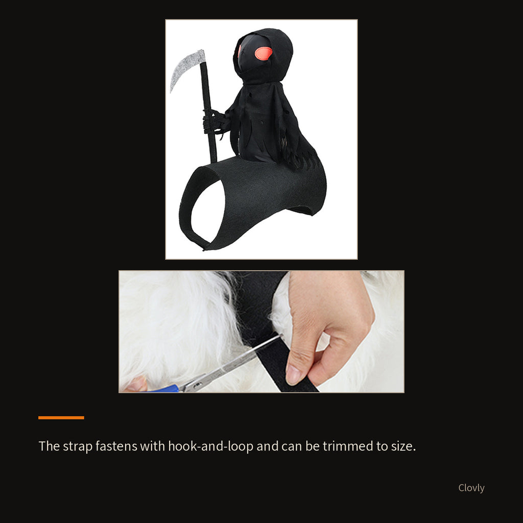 Two close-ups: the whole rider figure, hood and scythe included, and the strap being trimmed with scissors