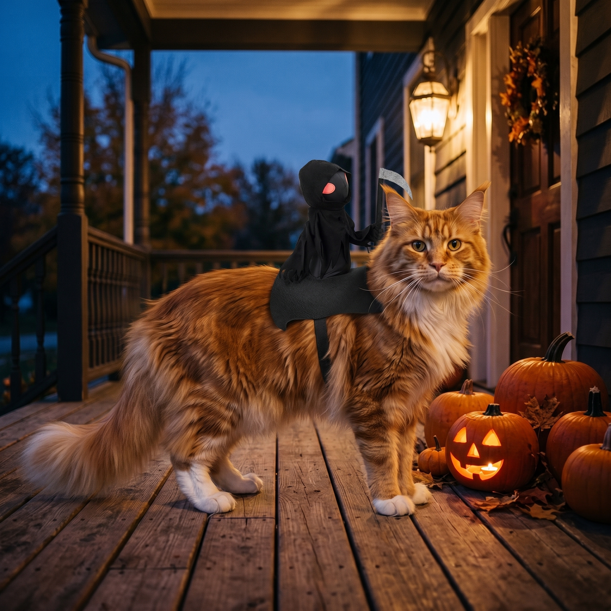 A long-haired cat in the costume on a porch with pumpkins, side view