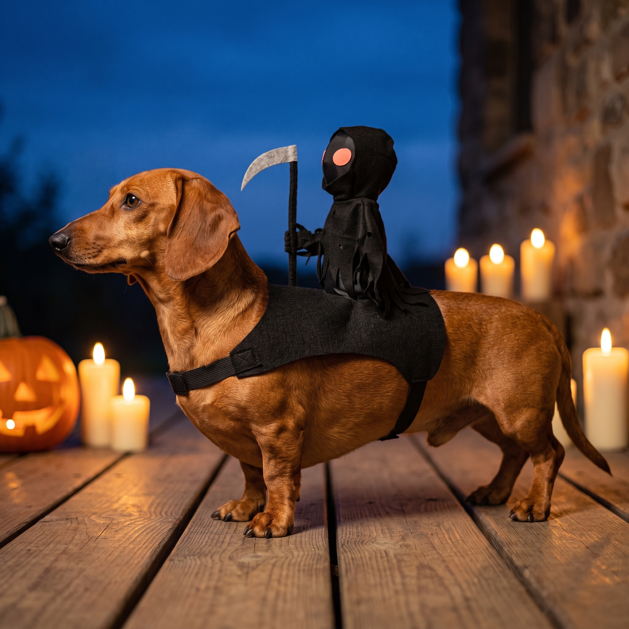 A short-haired dog in the costume on a porch with candles, in profile