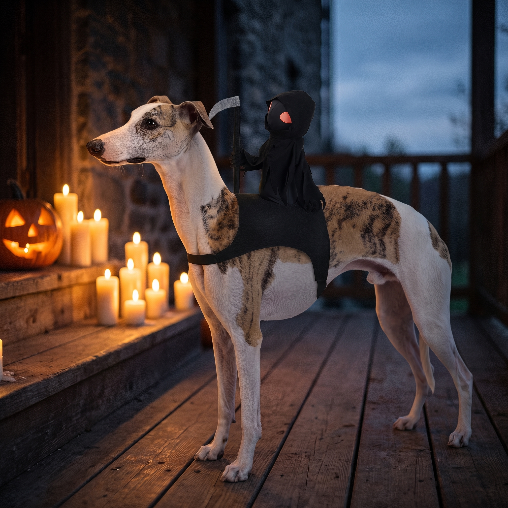 A short-haired dog in the costume by candles: the strap runs behind the front leg