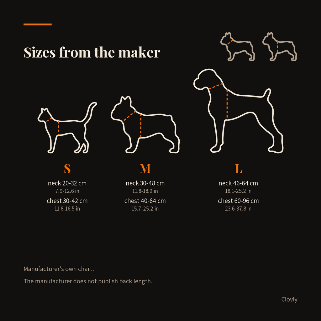 The maker's size chart drawn: outlines of a cat, a French Bulldog and a Boxer with dashed neck and chest lines, and the numbers for S, M and L in cm and inches
