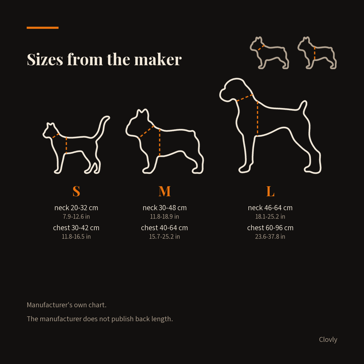The maker's size chart drawn: outlines of a cat, a French Bulldog and a Boxer with dashed neck and chest lines, and the numbers for S, M and L in cm and inches